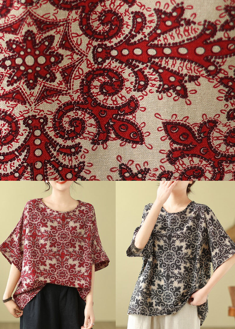 Natural Red Print Loose T Shirts Short Sleeve