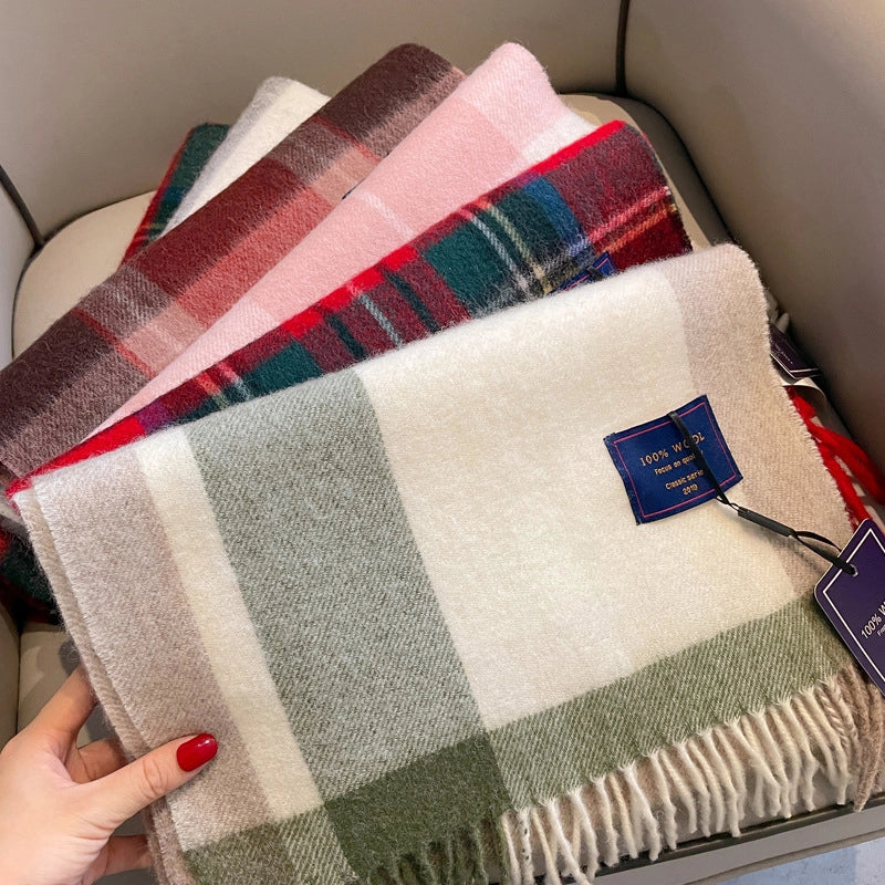 100% Wool Scarf Men's Winter Cashmere New Red Gift Box Packaging Gray Men's Plaid Scarf