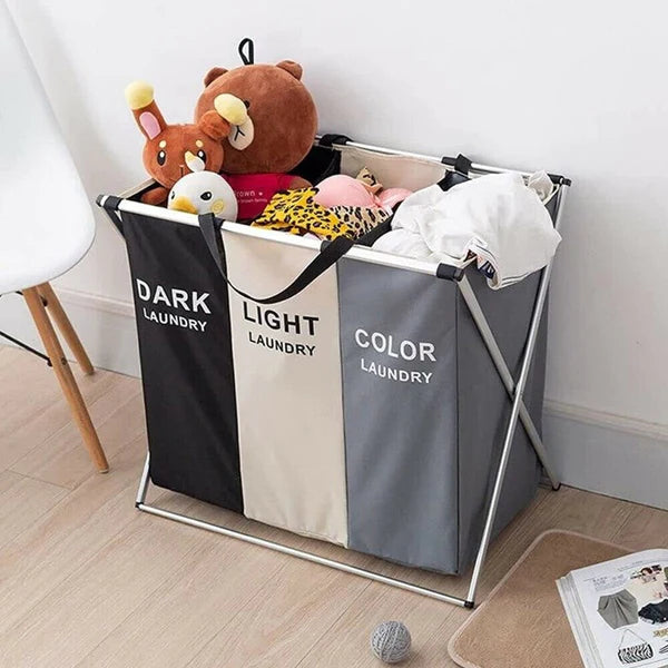 Laundry Basket With 3 Compartments Fabric. Premium Laundry Hamper. Storage Basket