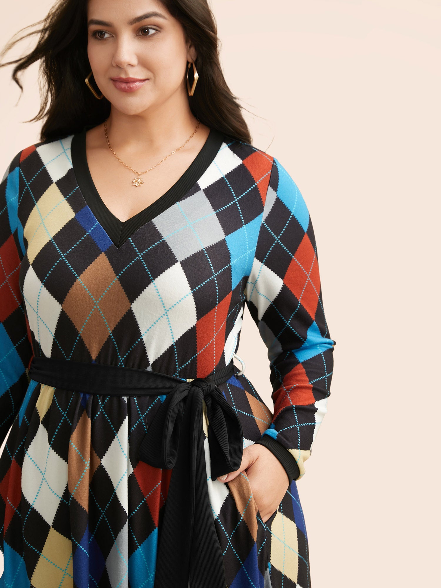 V Neck Colorblock Contrast Belted Dress