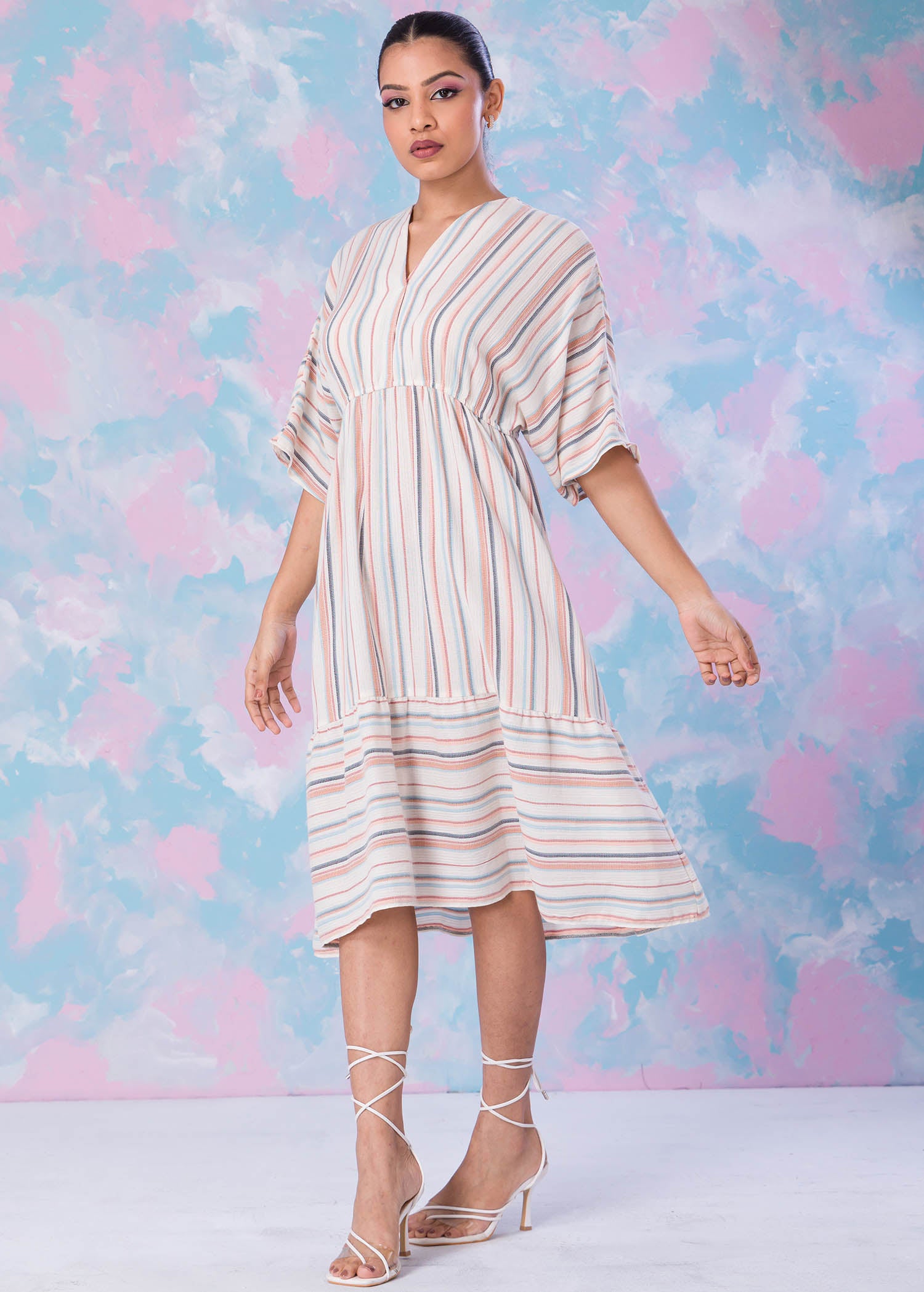 Stripe Dress With Batwing Sleeve