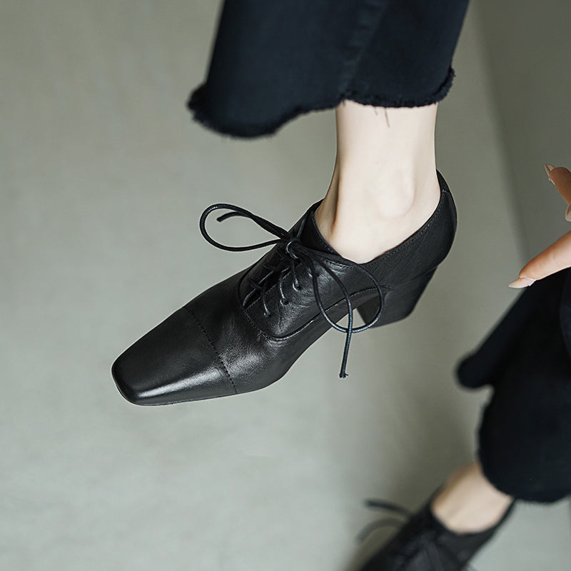 Elegant Washed Horse Leather Square Toe Lace-Up 65mm Block Heel Oxfords Grey/Black/Red