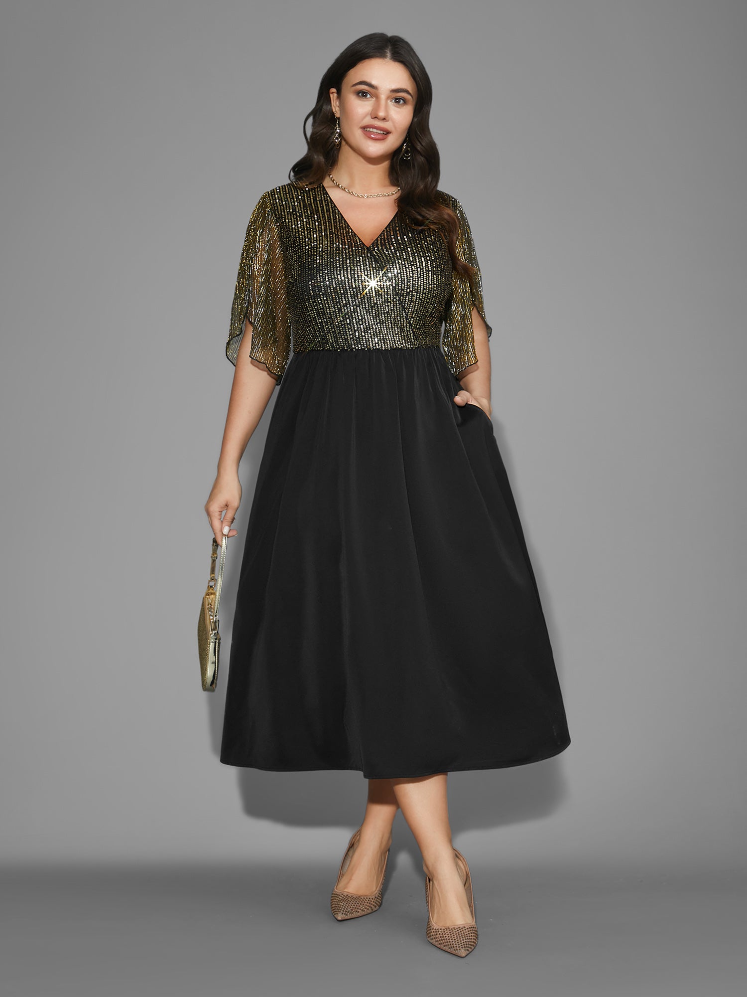 Sequin Mesh Petal Sleeve Midi Dress