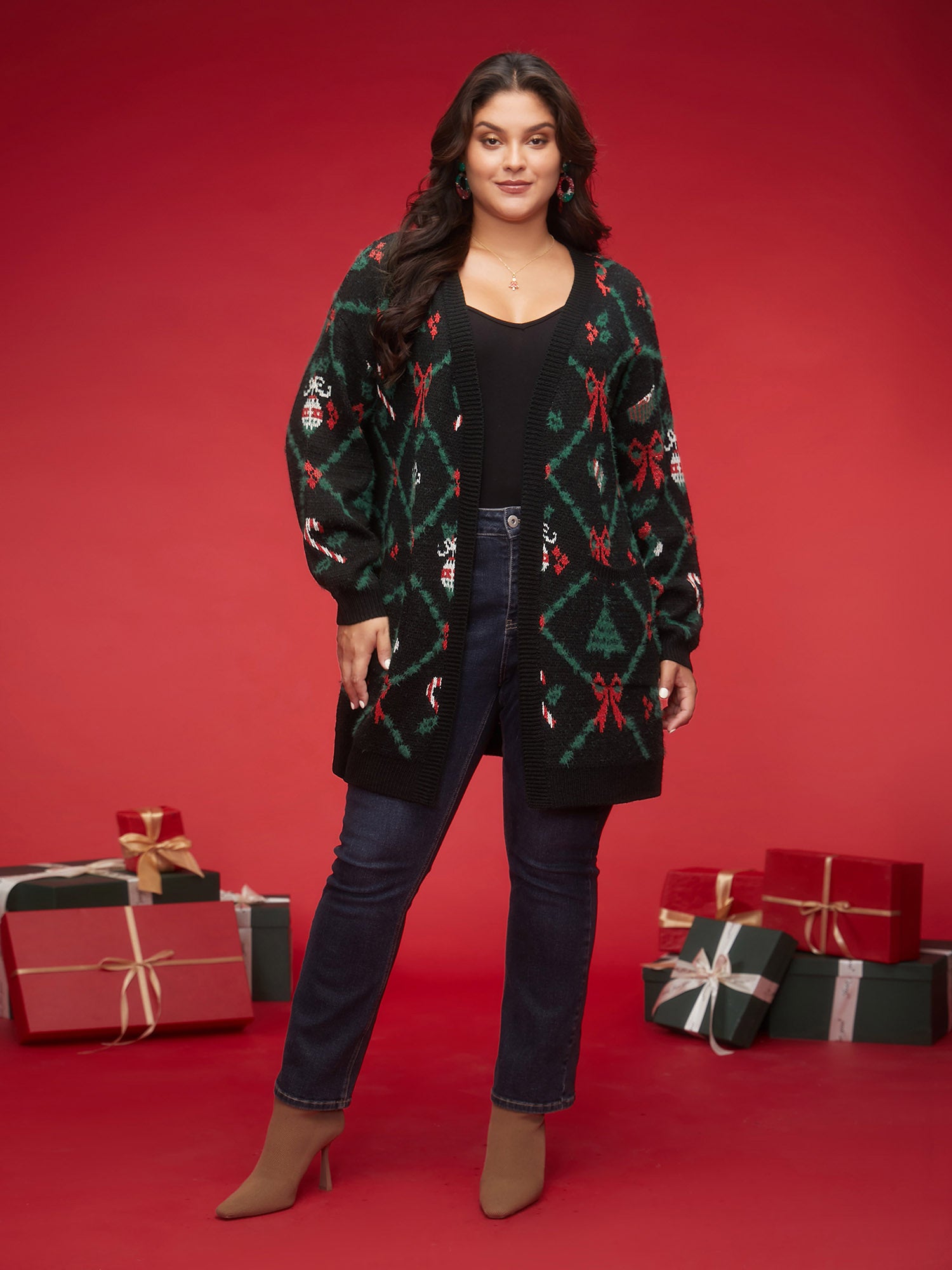 Festive Plaid Pattern Open-Front Cardigan