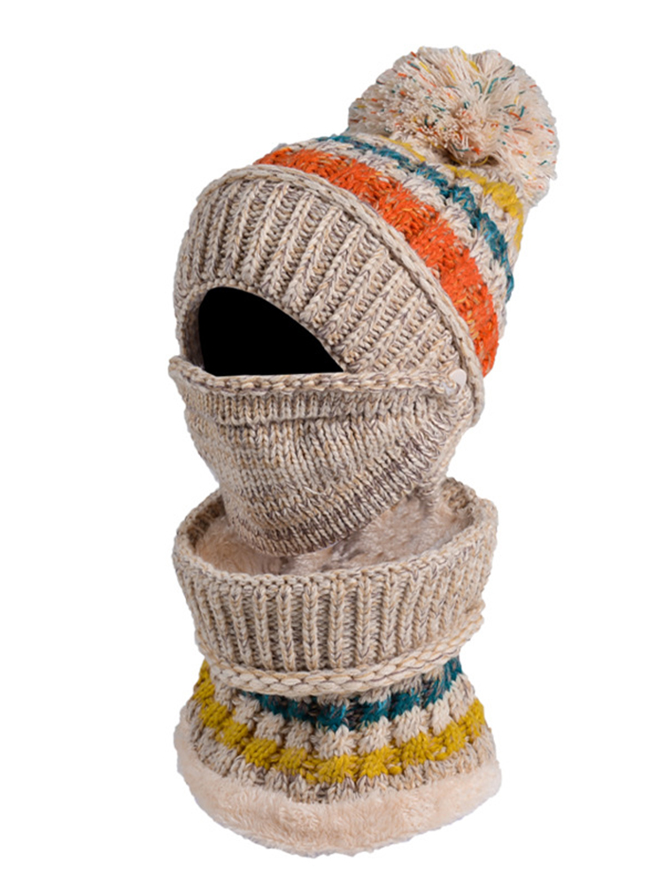 Three-Piece Fleece And Color-Block Knitted Hat. Scarf And Mask