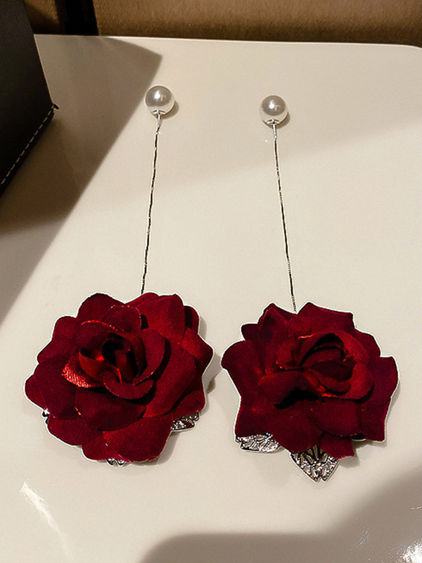 Vintage Red Rose Floral Pearl Earrings Accessories