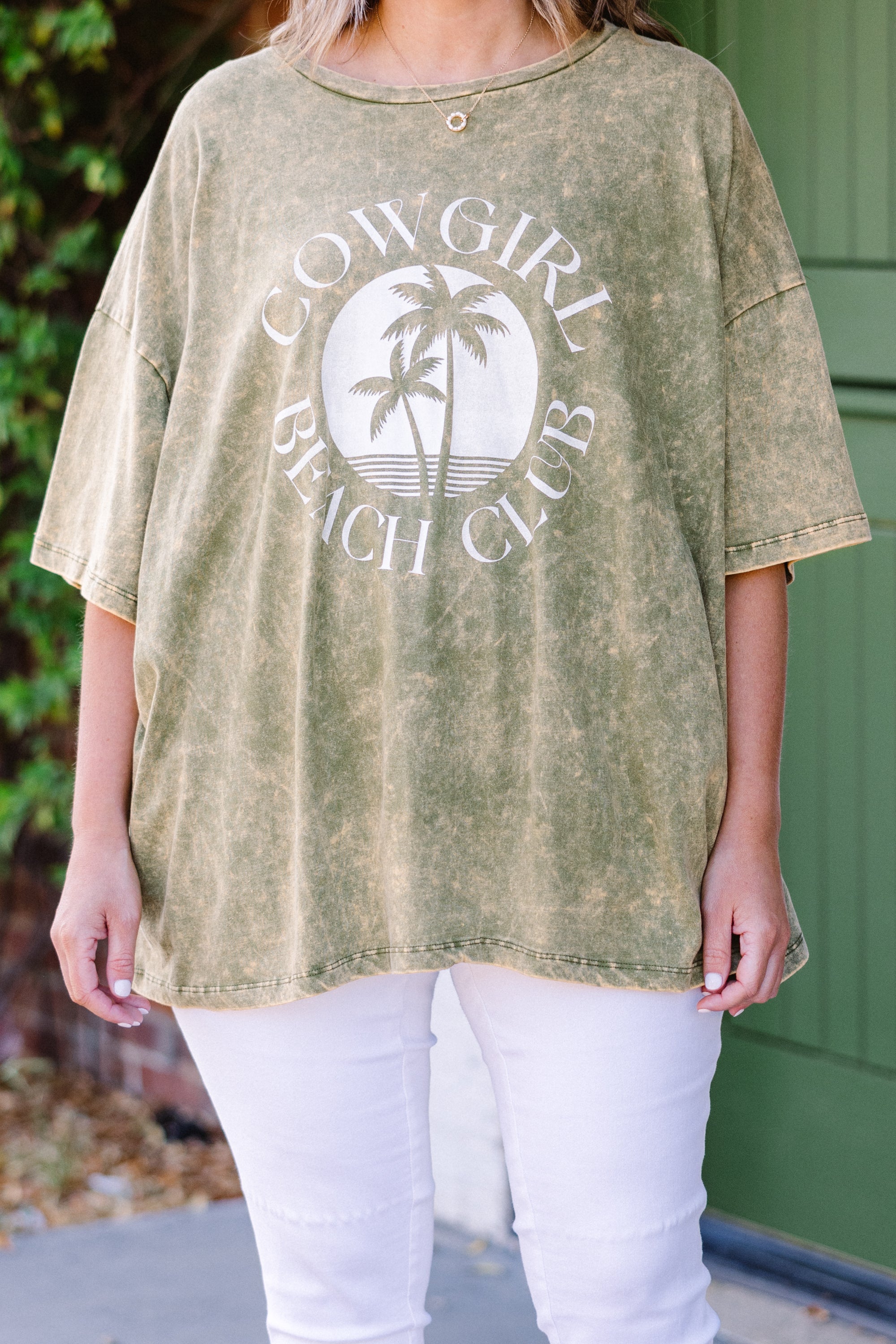 Cowgirl Club Acid Wash Boyfriend Tee. Golden Olive