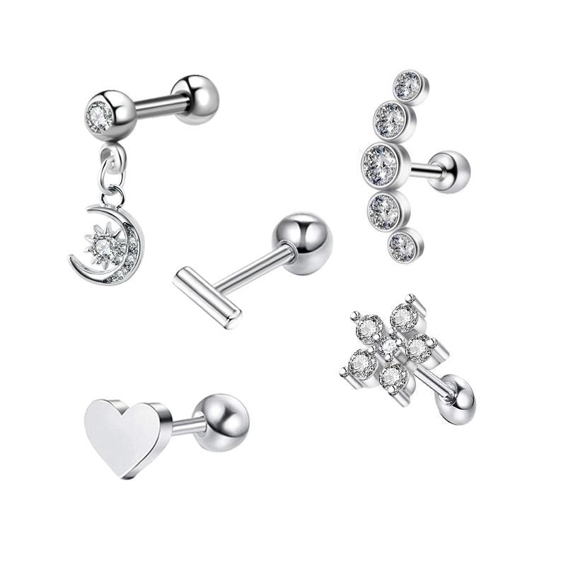 Minimalist Heart Shape Stainless Steel Plating Zircon Ear Studs 5 Piece Set