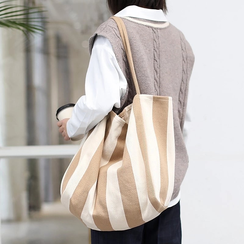 Women's Large Canvas Stripe Basic Classic Style Open Canvas Bag