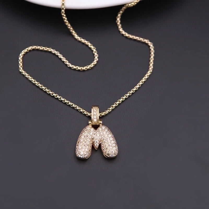 Copper Minimalist Shiny Plating Hollow Out Inlay Letter Zircon Pendant Necklace