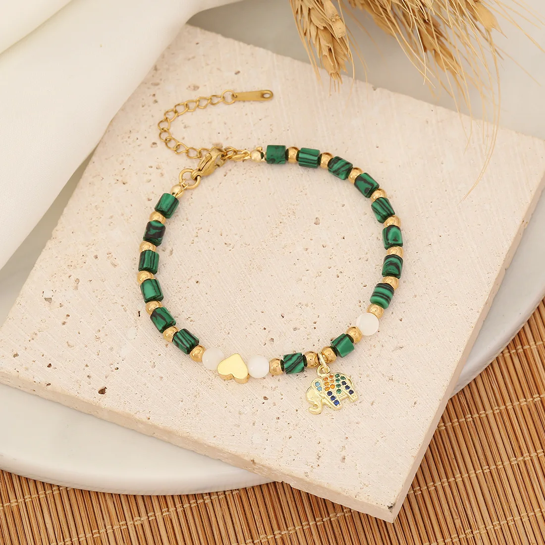 Personalized Fashion Stainless Steel Bracelet Green Gravel Beaded Bracelet Malachite Natural Stone Bracelet for Women