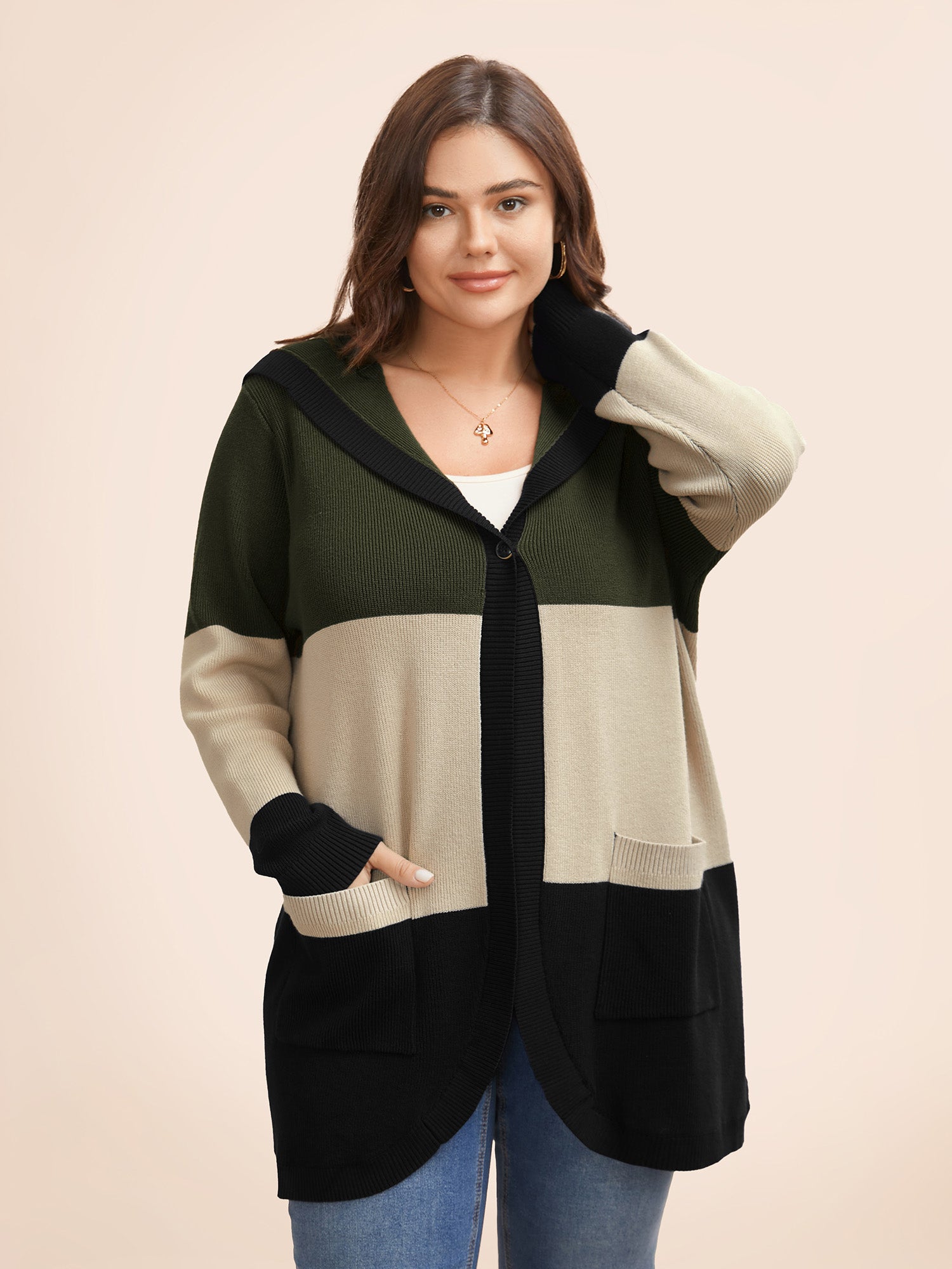 Colorblock Contrast Patched Pocket Hooded Cardigan