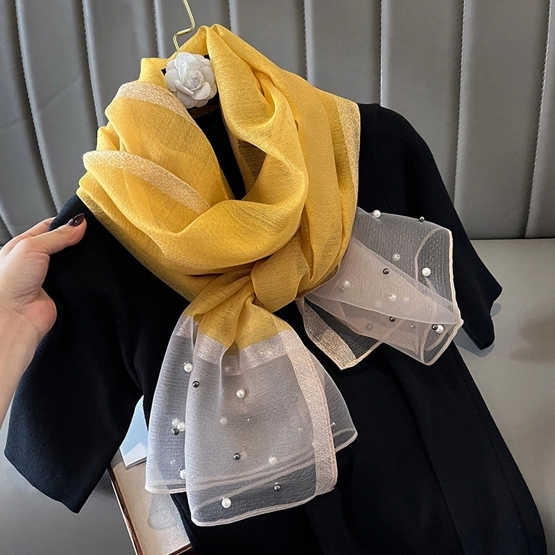 Women's Minimalist Color Block Satin Pearl Silk Scarf