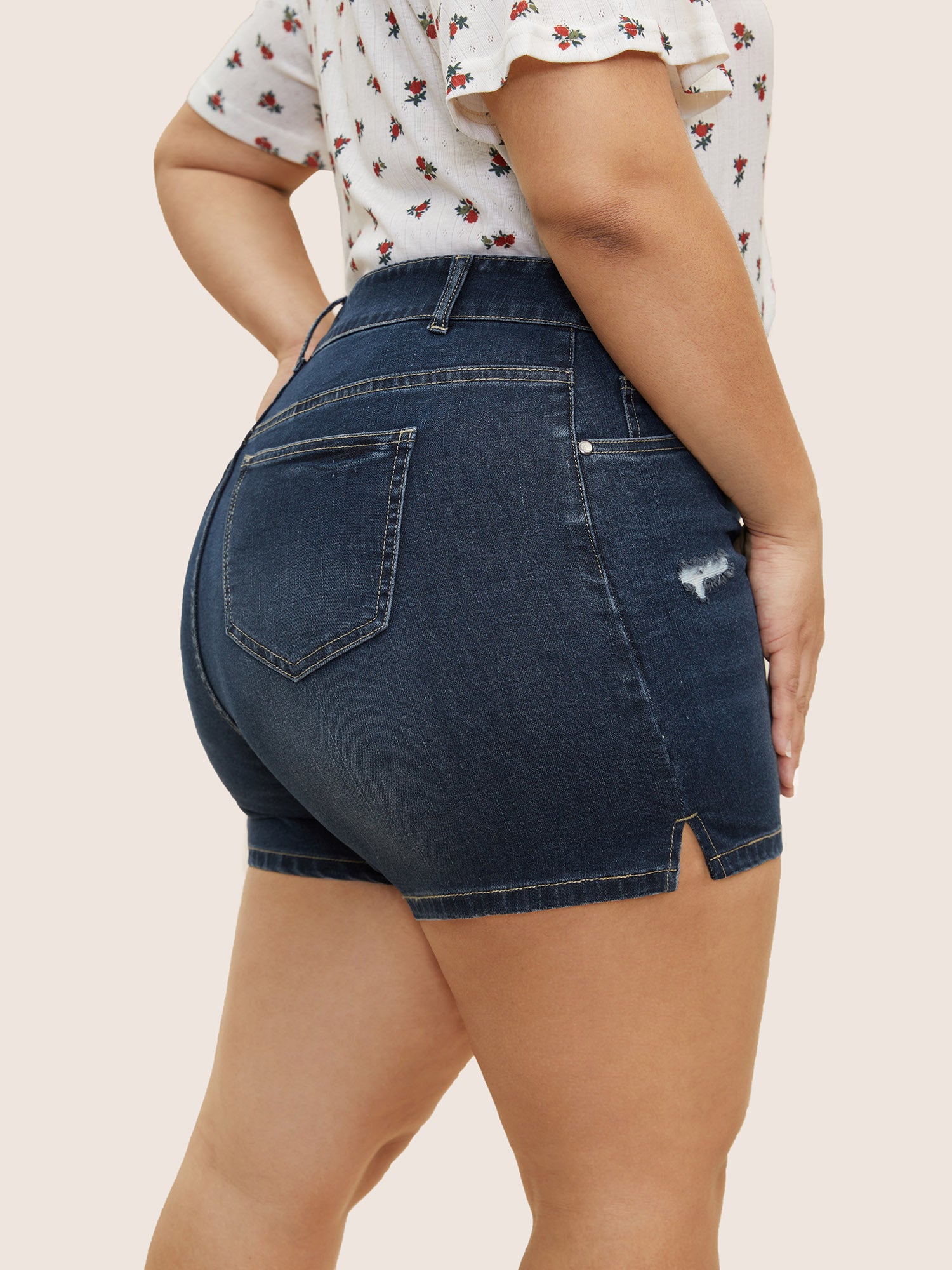 Dark Wash Slit Hem High Stretch Denim Shorts