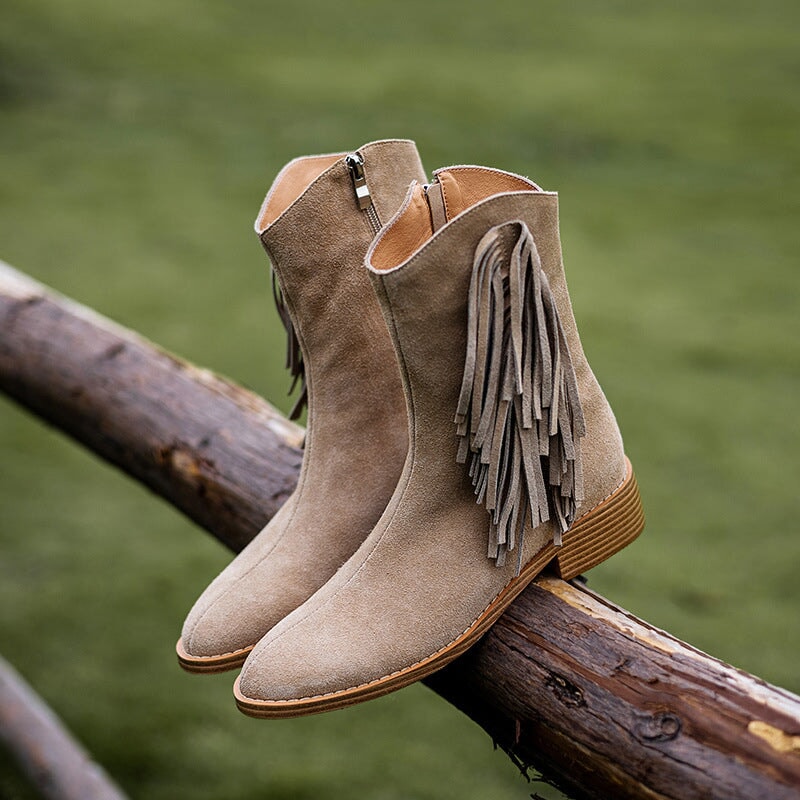 Women's Nubuck?Leather Mid Calf Tassels Boots With Side Zipper In Camel/Khaki