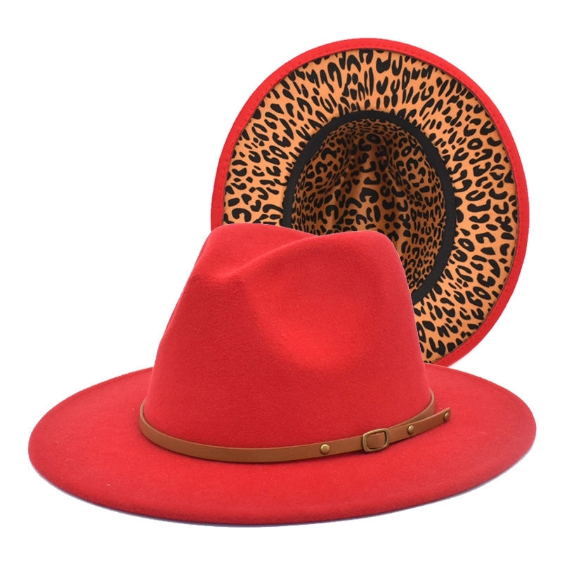 Hot Sale New Leopard Print Color Matching Top Hat Autumn And Winter Jazz Felt Hat Double-sided Personality Belt Top Hat Trend