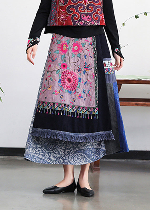 Retro Embroidered Pockets Floral Elastic Waist Cotton A Line Skirt Fall