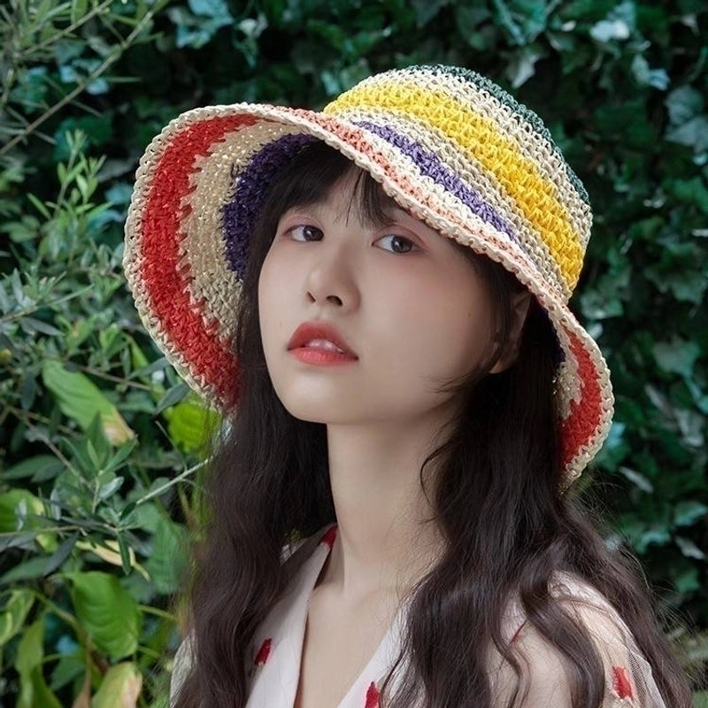 Women's Vacation Stripe Wide Eaves Straw Hat
