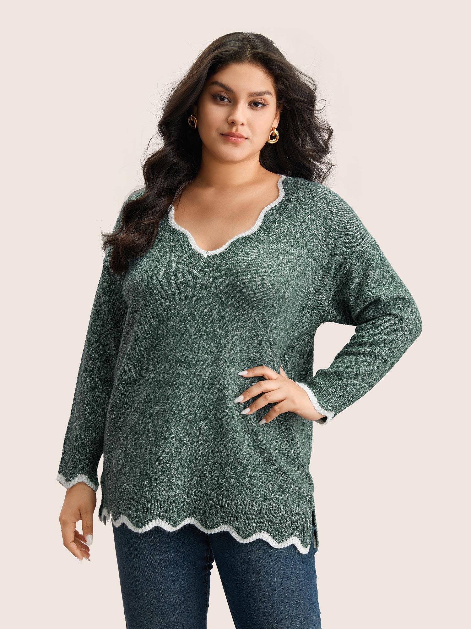 Contrast Split Side Scalloped Trim Pullover