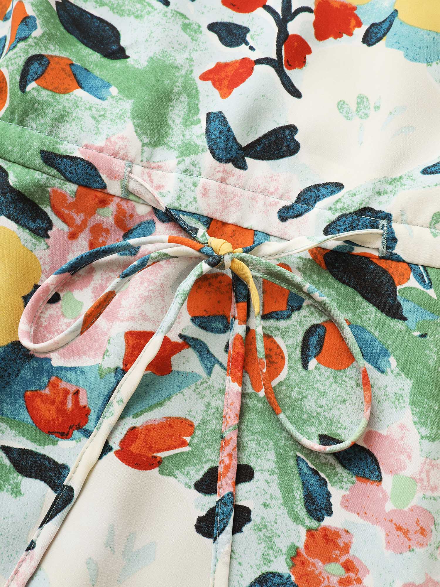Citrus Lemon Print Drawstring Gathered Dress