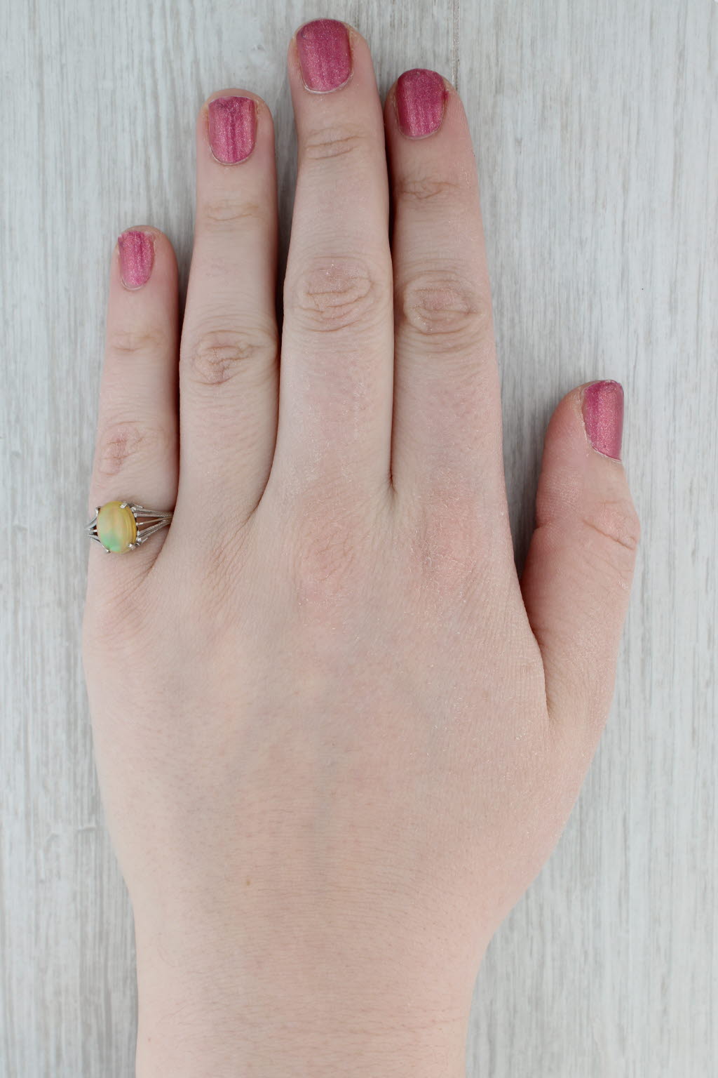 Rainbow Yellow Opal Solitaire Ring 14k White Gold Size 6.25