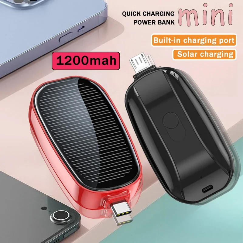 Solar Power Bank Mini Key Ring Portable Charger 1200mAh Outdoor Camping External Battery Emergent Power Cargador Portátil 보조배터리