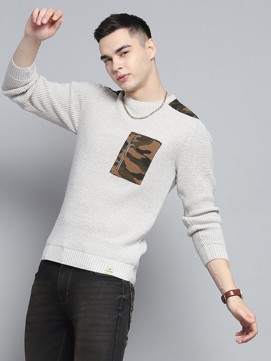 Men Beige Self Design Round Neck Full Sleeve Pullover