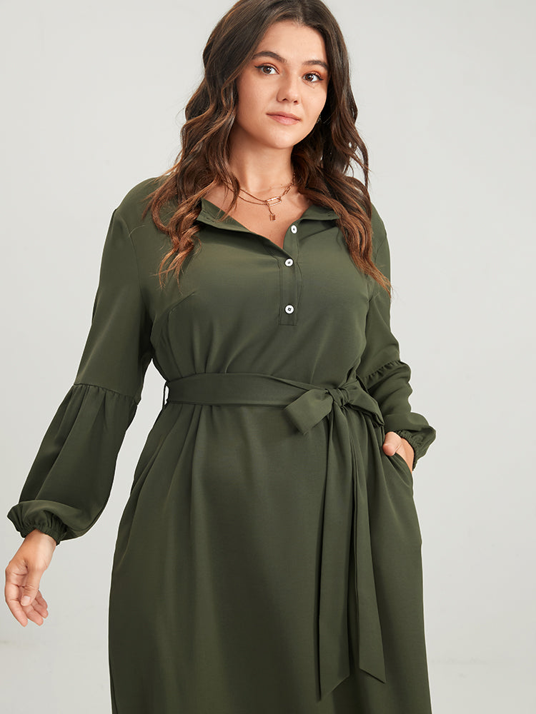 Solid Lantern Sleeve Button Pocket Belted Arc Hem Dress