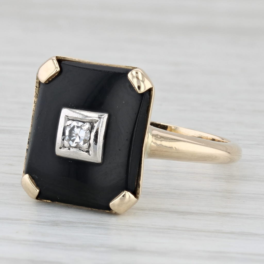 Vintage Onyx Diamond Signet Ring 14k Yellow Gold Size 8