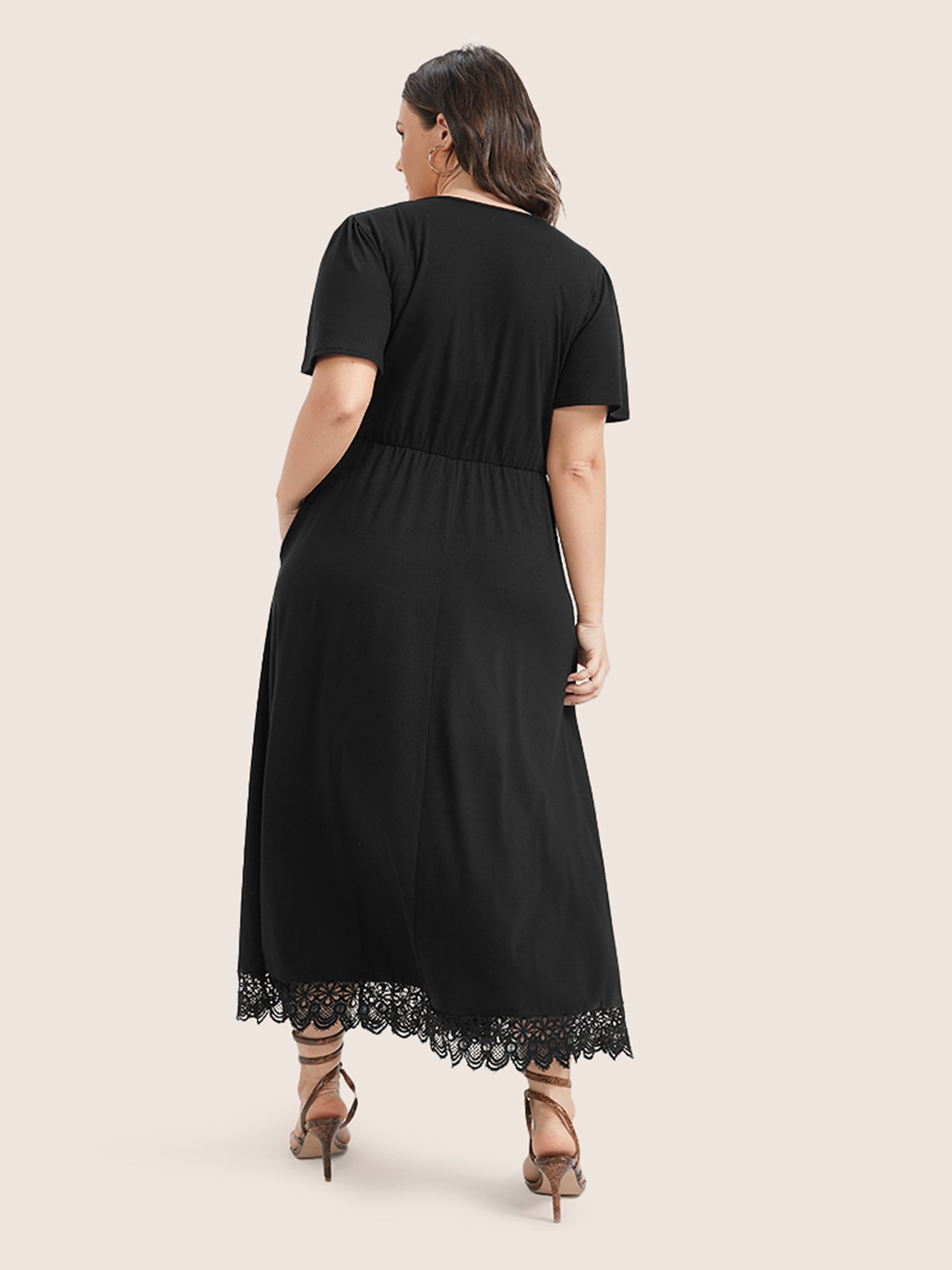 Solid Pocket Contrast Lace Split Maxi Dress