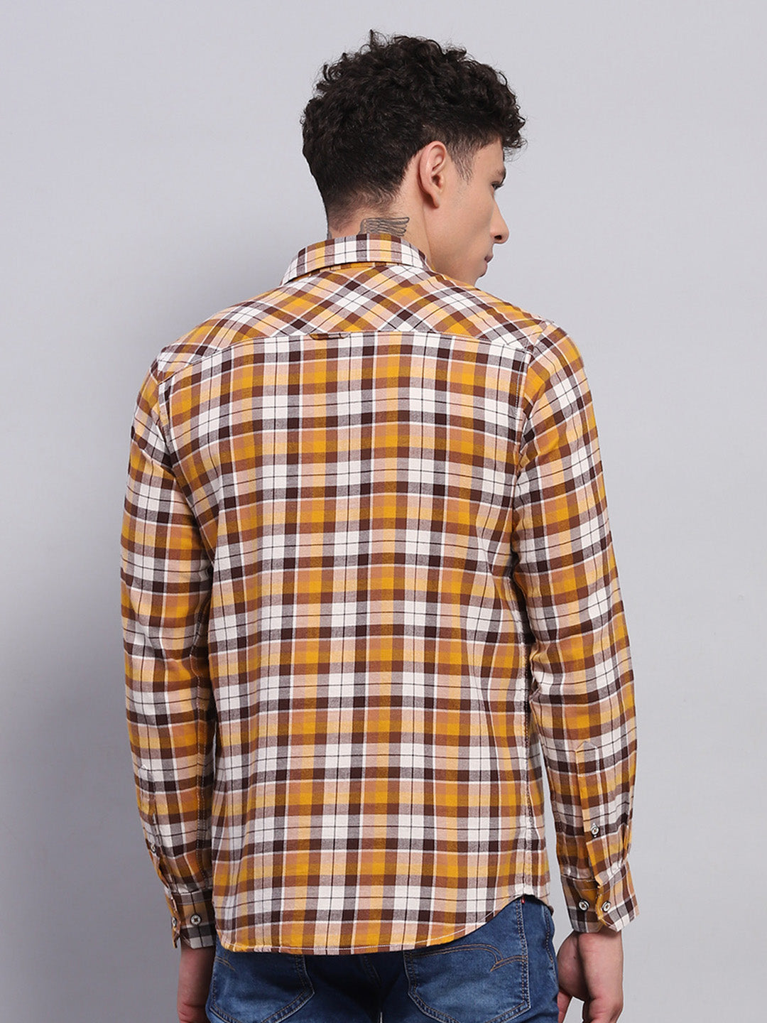 Men Yellow Check Collar Full Sleeve Shirt