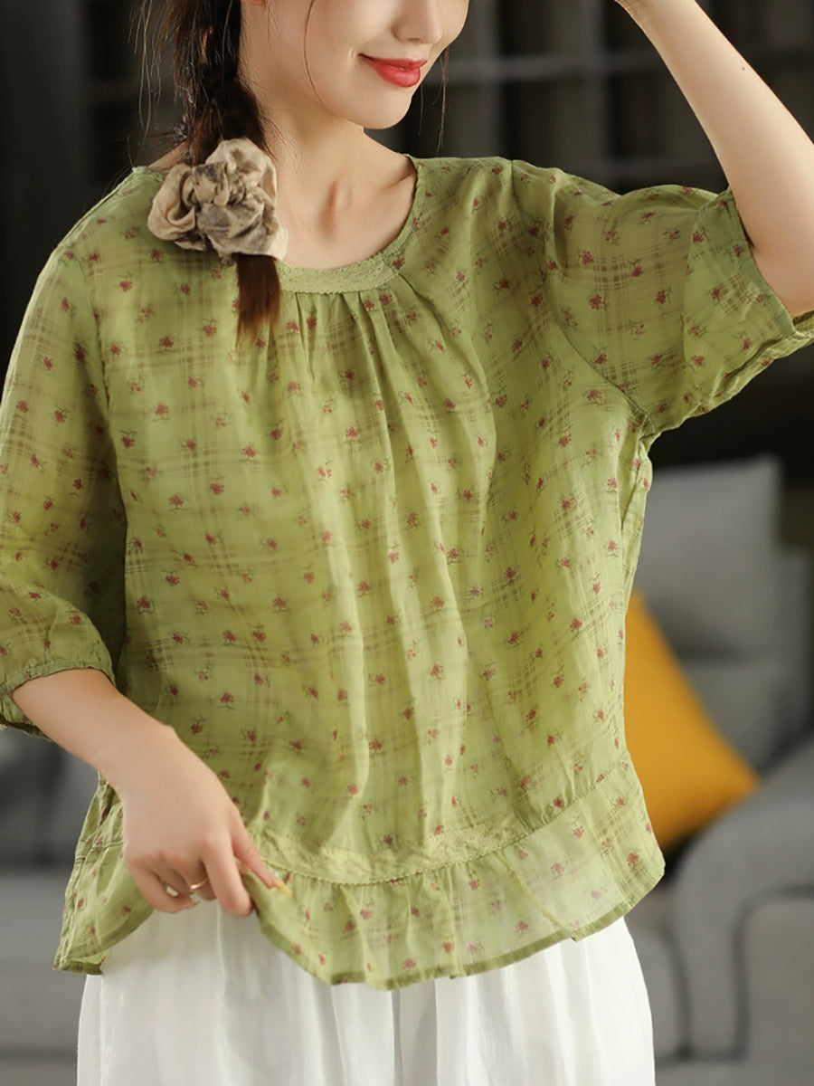 Women Summer Artsy Floral O-Nck 100%Ramie Shirt