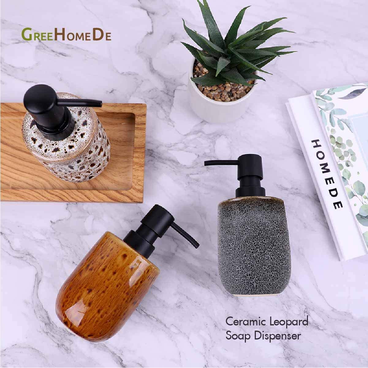 Ceramic Hand Soap Dispenser Pump Bottle. Leopard Ceramic Refillable Lotion Dispenser for Kitchen. Bathroom Countertops. Washroom and Sink(300ml/10oz)