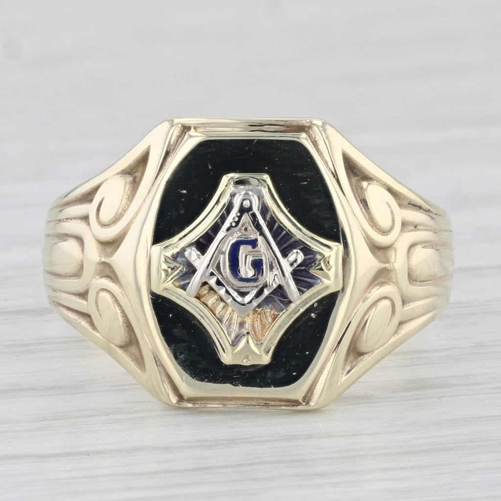 Vintage Masonic Signet Ring 10k Yellow Gold Blue Lodge Square Compass Size 9.75