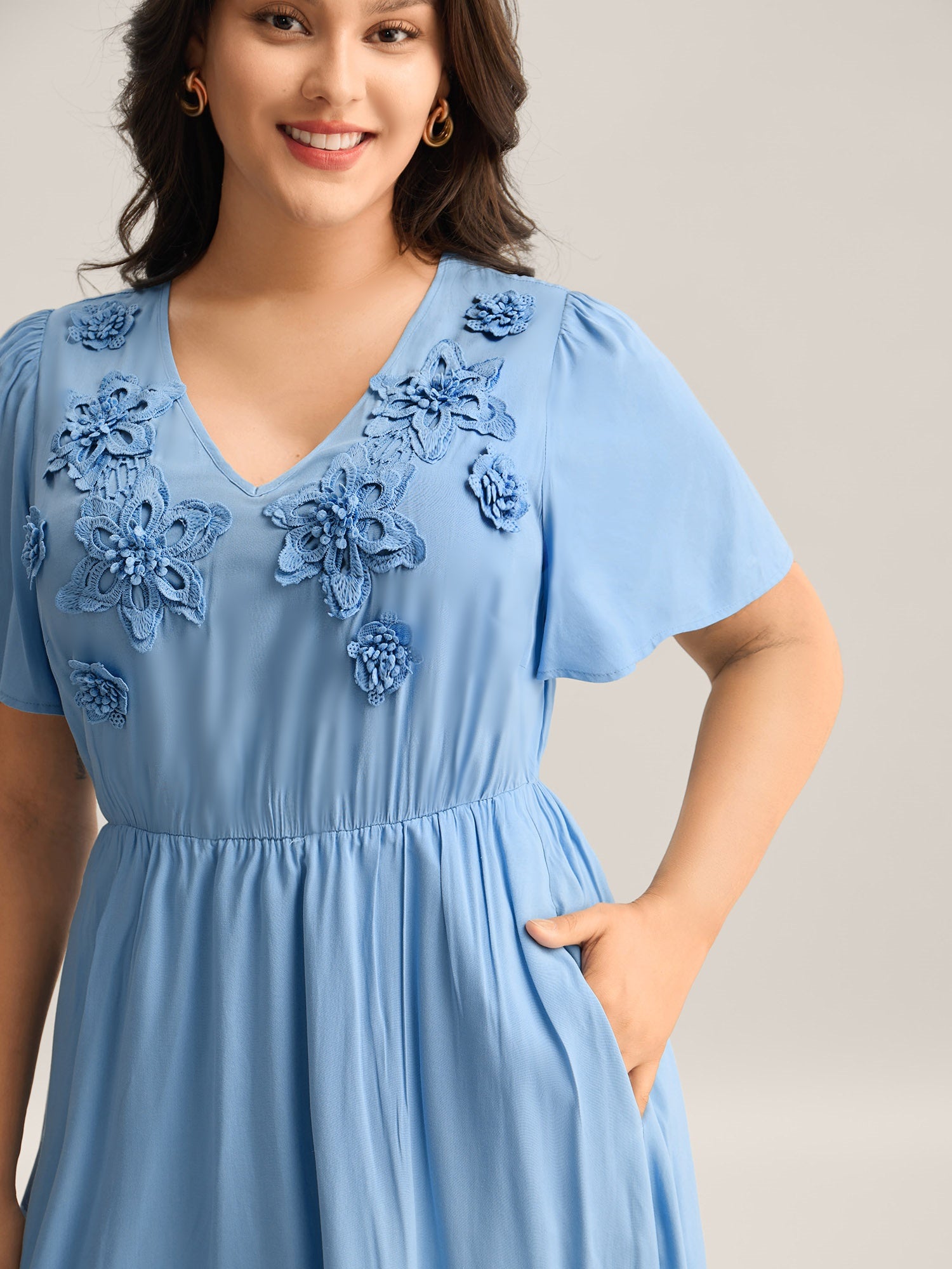 Rayon Floral Detail Cinched-Waist Midi Dress