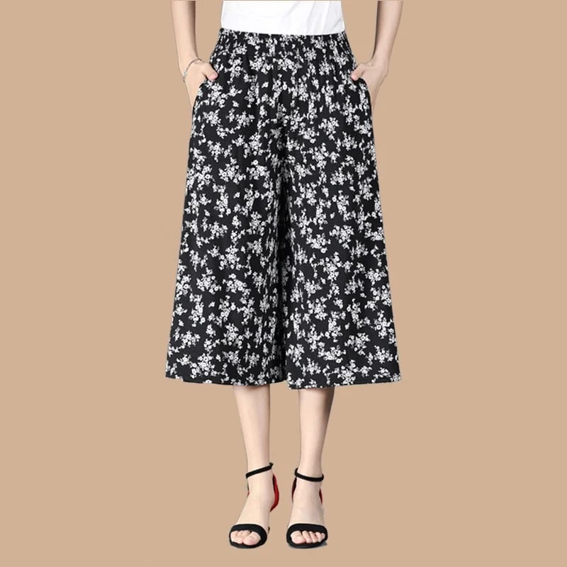 Women's High Elastic Waist Pleated Chiffon Wide Leg Culottes