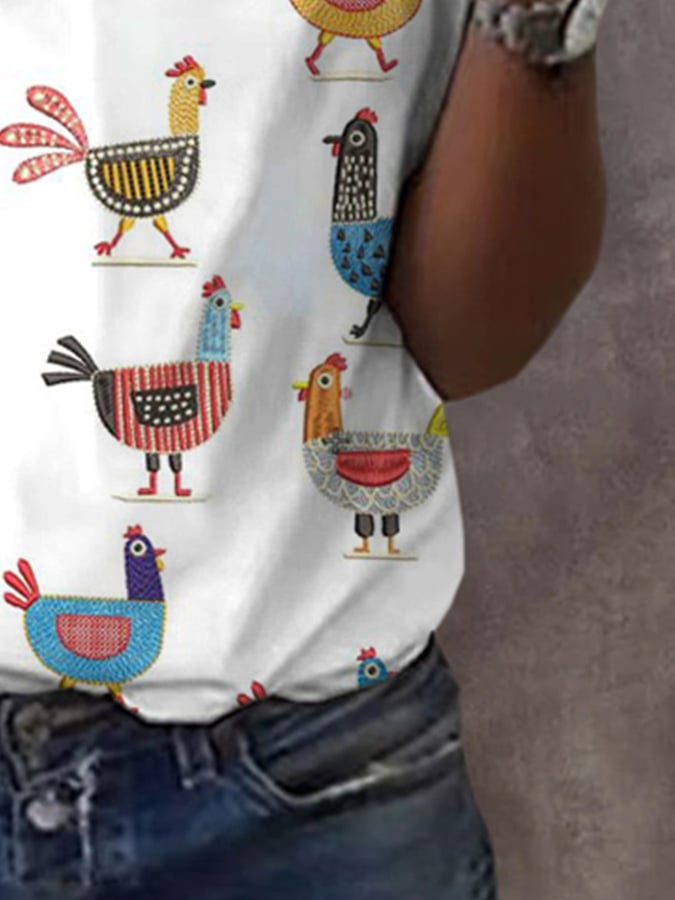 Women'S Funny Farm Chicken Art Print Short Sleeve T-shirt