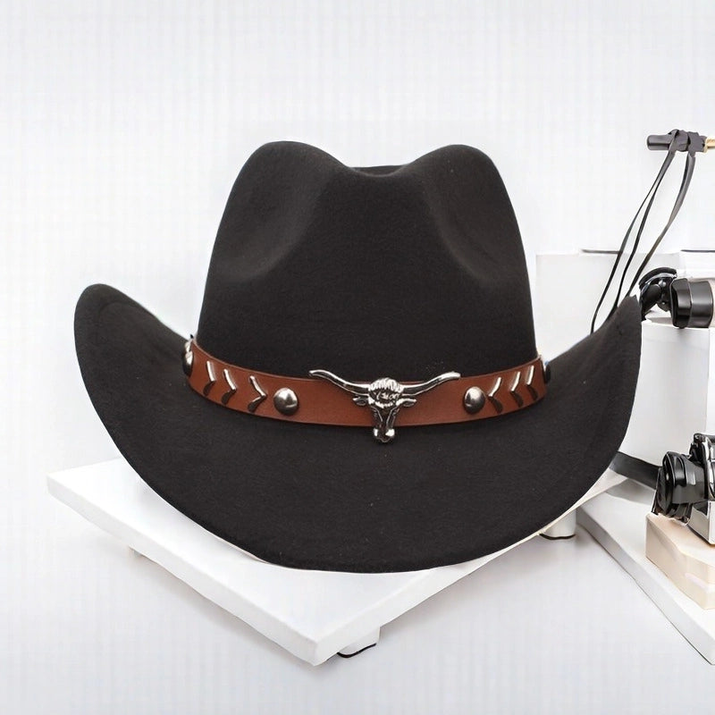 Autumn And Winter Woolen Denim Jazz Felt Hat For Men And Women Cow Head Mark Curled Top Hat Tibetan Sunshade Sunscreen Hat