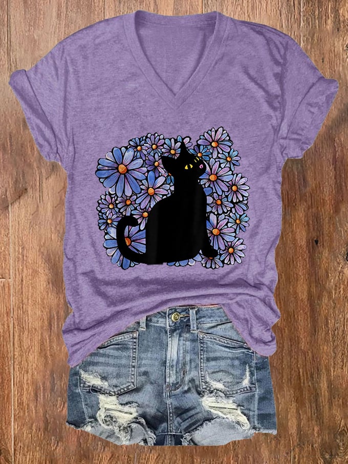 Women's Floral Black Cat Alzheimer's Awareness Print V-Neck T-Shirt