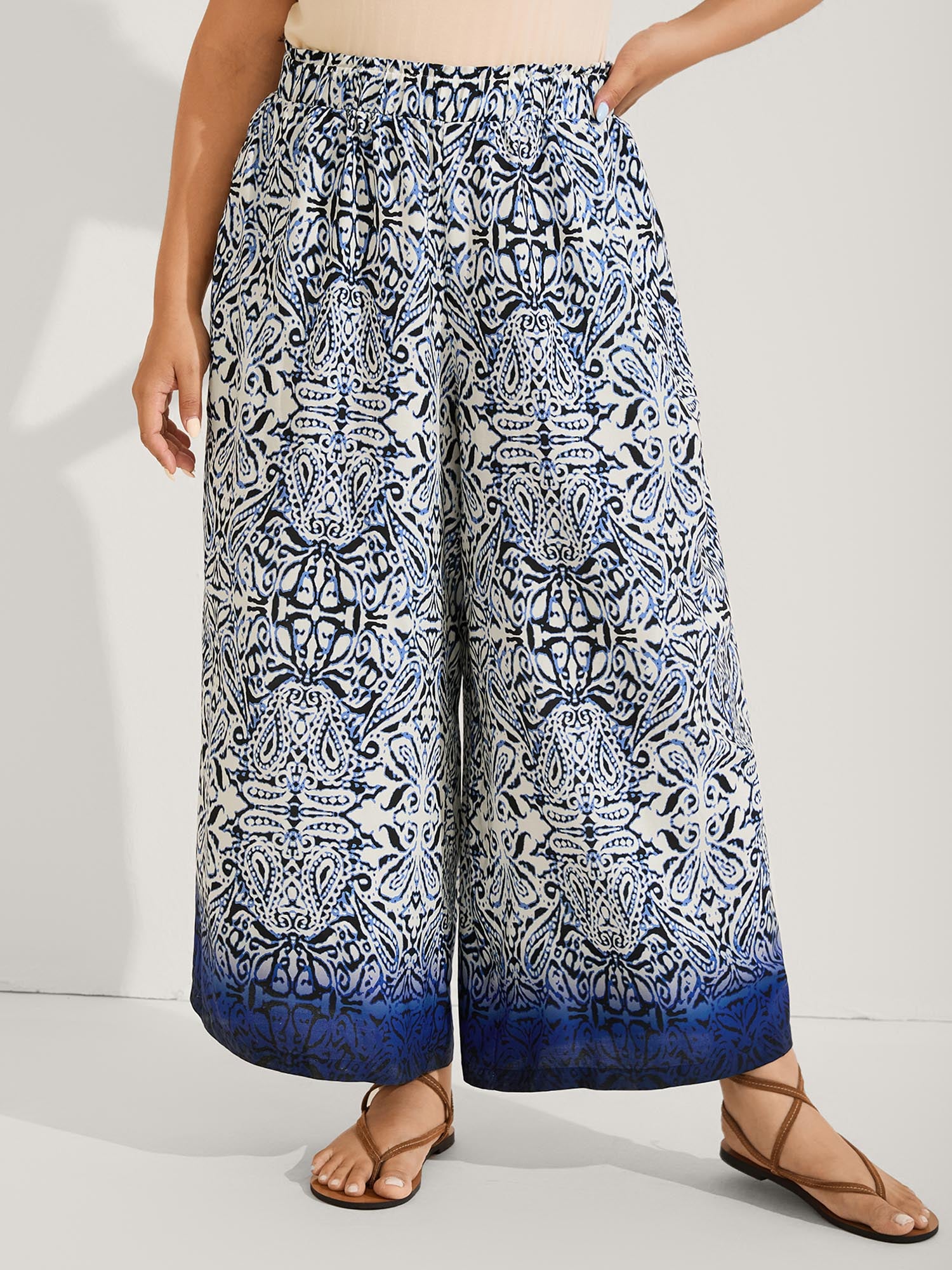 Abstract Floral Print Shirred Wide-Leg Pants