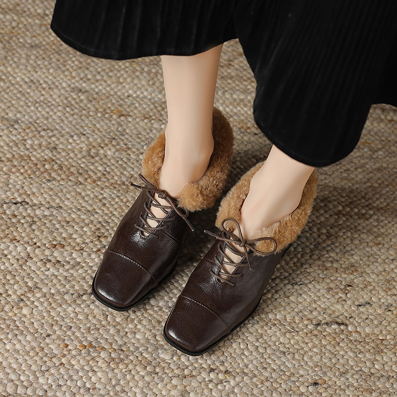 British Style Sheepskin Oxfords Shoes For Women with Wool Lined Block Heels in Coffee/Black