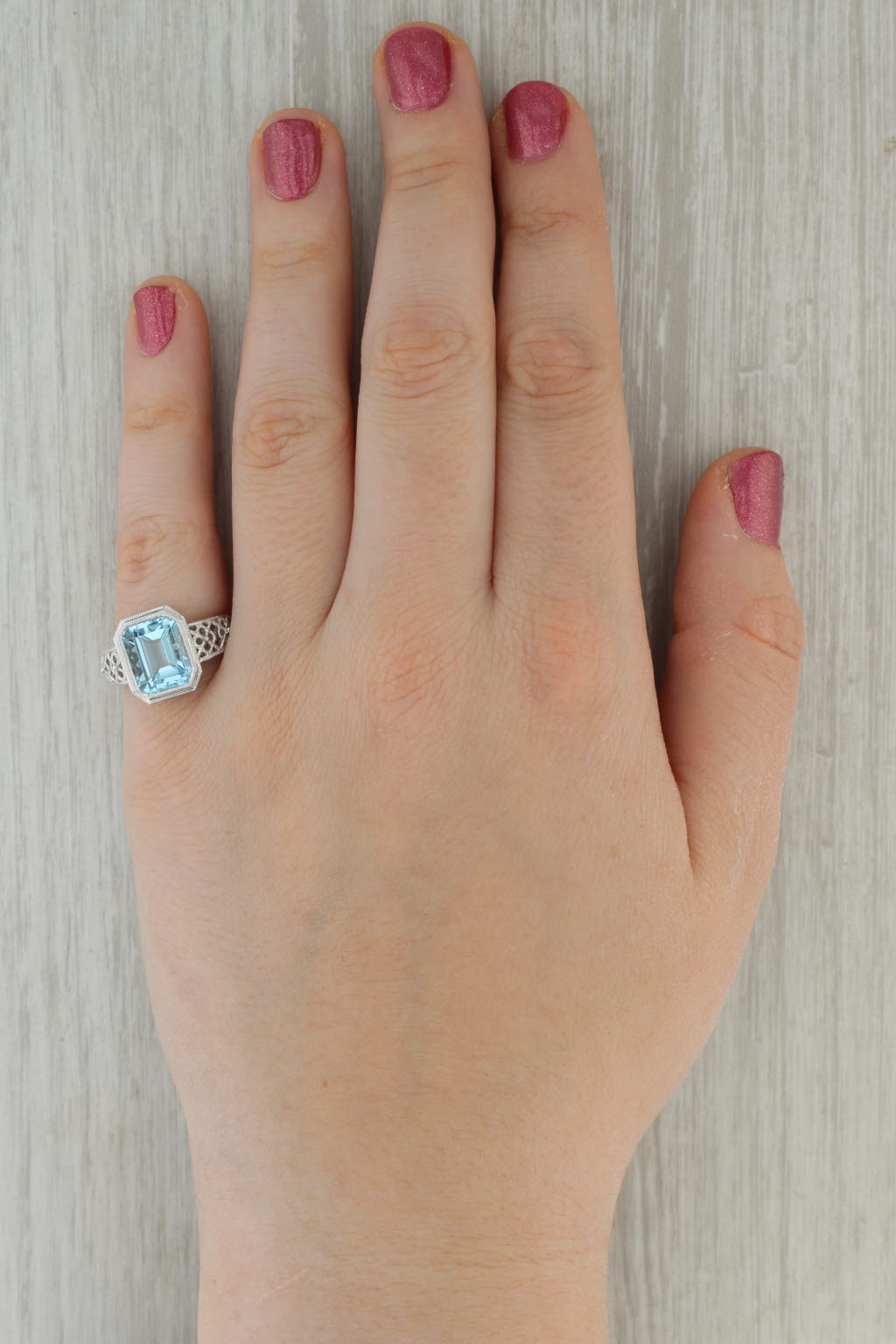 6.45ct Blue Topaz Solitaire Filigree Ring 14k White Gold Size 7