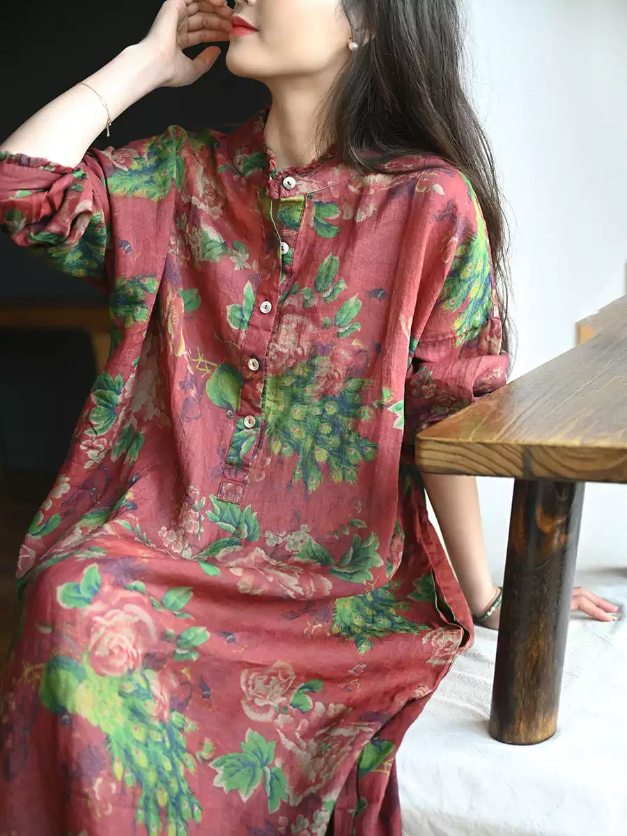 Women Summer Flower Stand Collar Linen Loose Dress