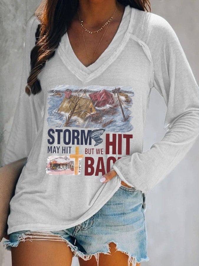 Women's Helene Hurricane Storms May Hit But We Hit Back Print V-Neck T-Shirt