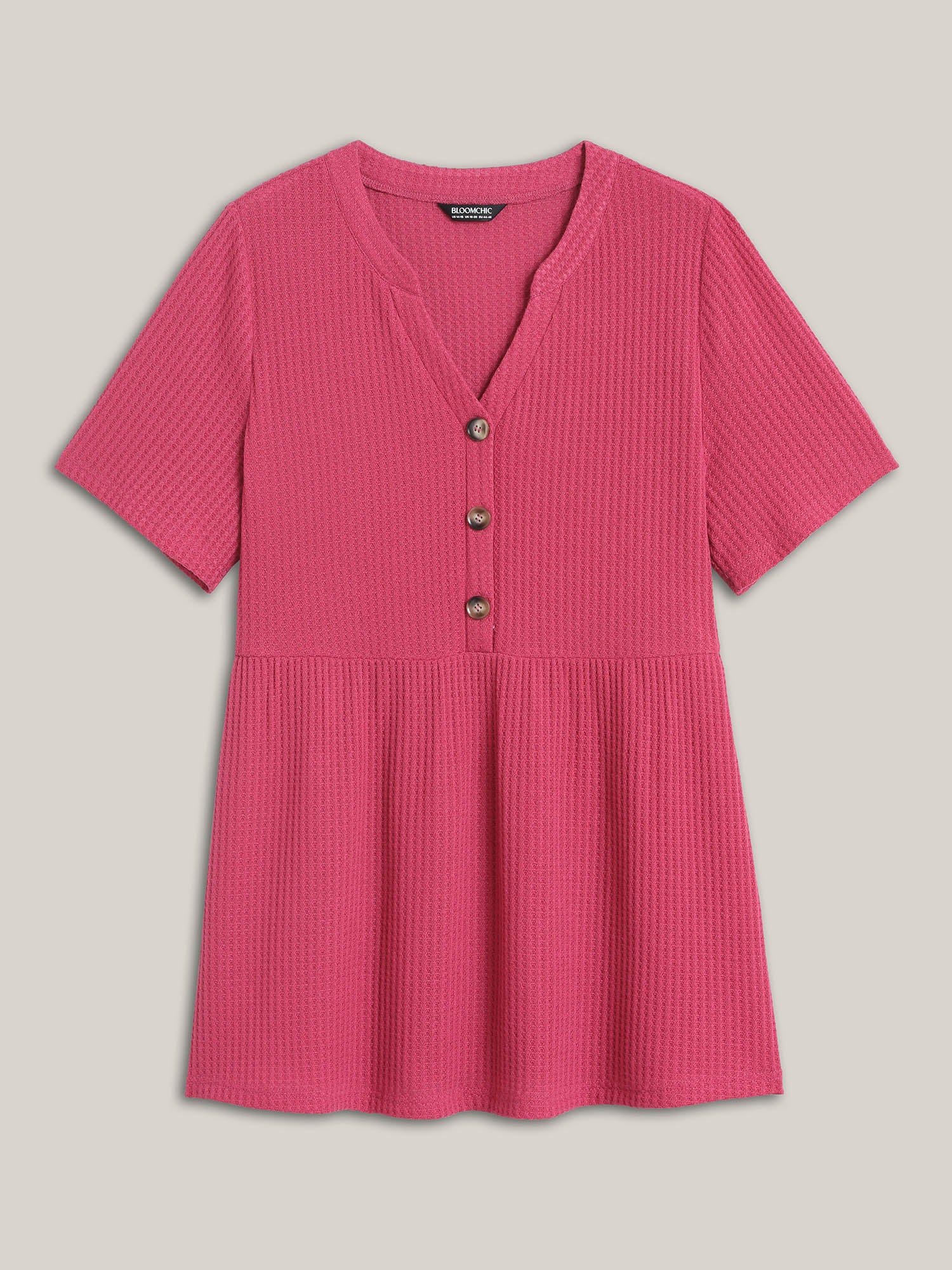 Textured Notched Neck Button Plain T-Shirt