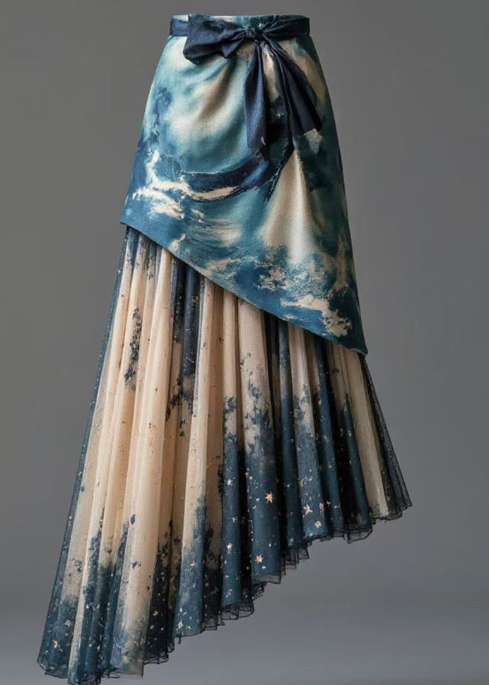 Blue Print Patchwork False Two Pieces Tulle Skirt High Waist Summer