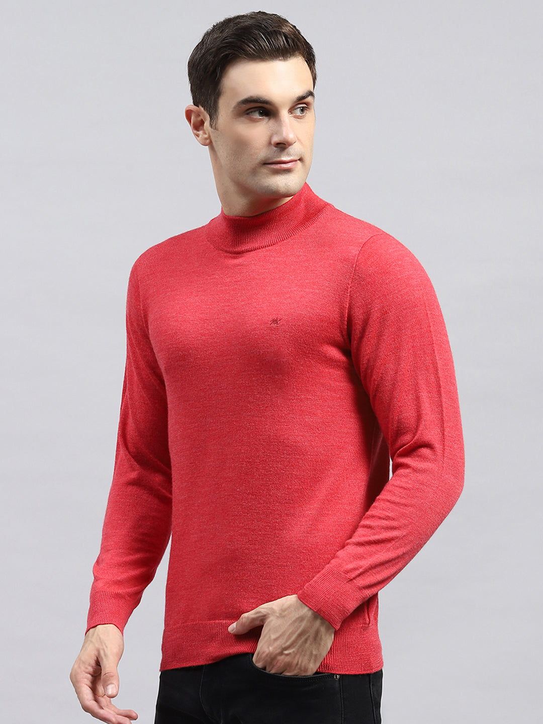 Men Red Solid High Neck Full Sleeve Pullover