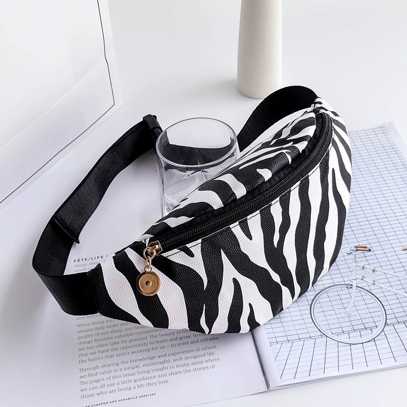 Women's Small Pu Leather Zebra Stripe Plaid Fashion Dumpling Shape Zipper Fanny Pack