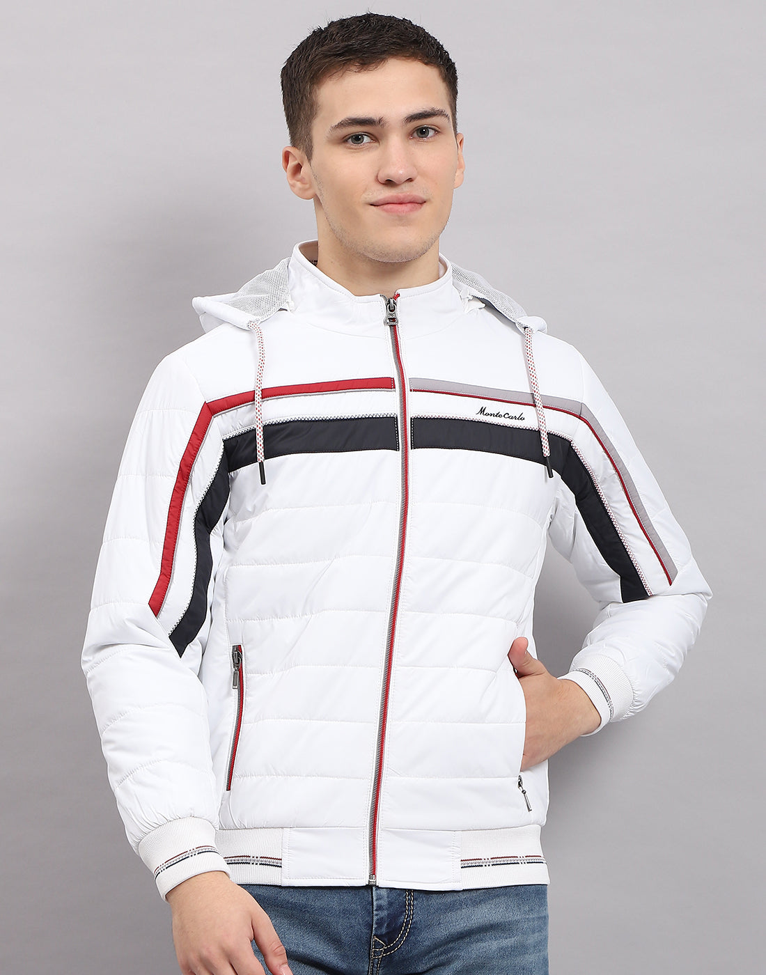 Men White Solid Hooded Full Sleeve Jacket