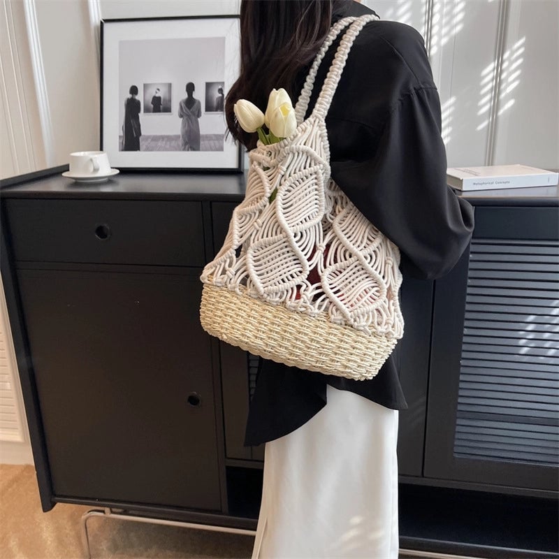 Women's Medium Spring&summer Cotton Solid Color Vacation Bucket Open Tote Bag